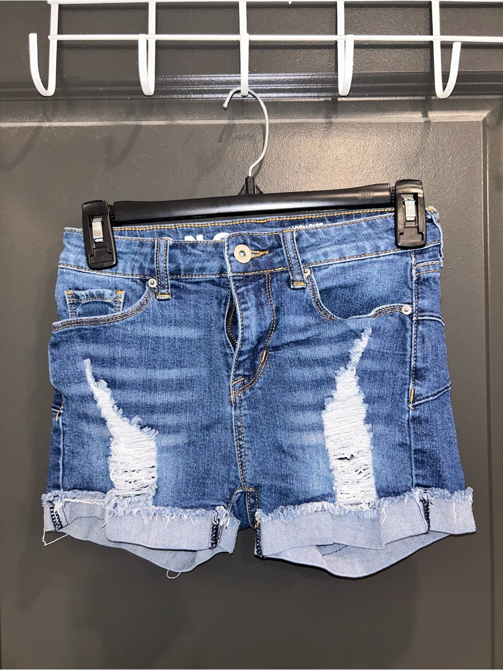Women's Mid- Rise Distressed Jean Shorts in Blue